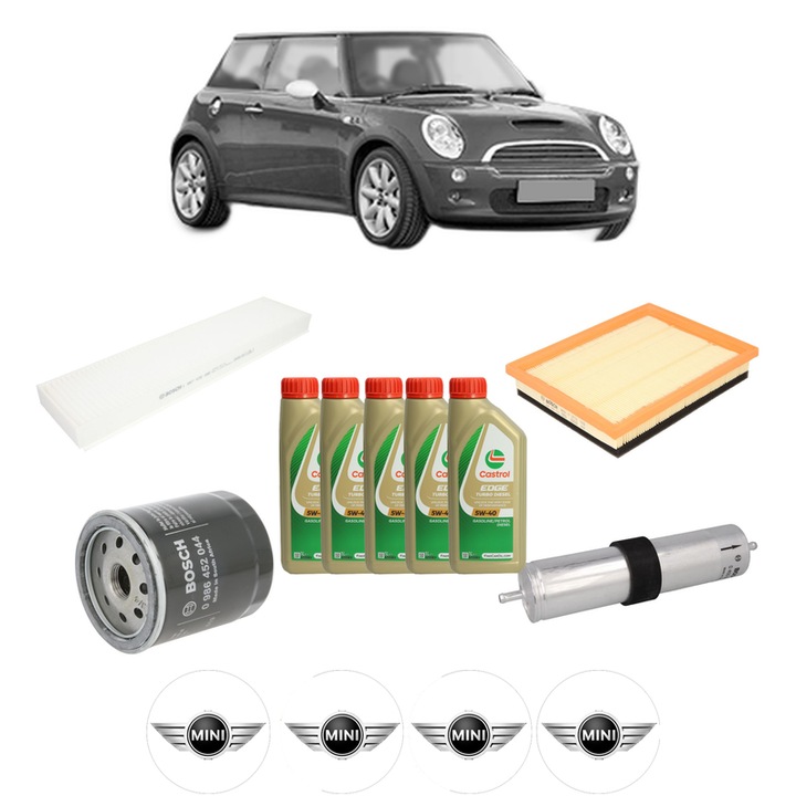 Pachet filtre revizie Bosch, 5 litrii ulei Castrol 5W40 MINI MINI (R50, R53) One D din 2003-2006, 4x Stickere auto cu MINI