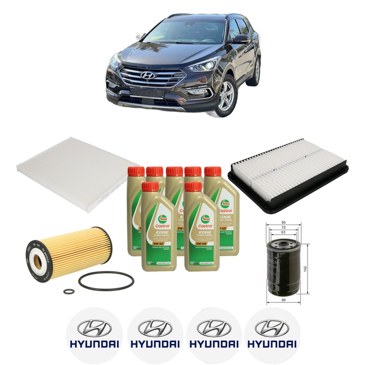 Pachet filtre revizie Bosch, 7 litrii ulei Castrol 5W40 HYUNDAI SANTA FÉ III (DM, DMA) 2.0 CRDi din 2012-2018, 4x Stickere auto cu HYUNDAI