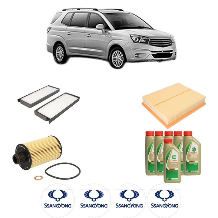 Pachet filtre revizie Bosch, 6 litrii ulei Castrol 5W40 SSANGYONG RODIUS II 2.0 Xdi 4WD din 2013, 4x Stickere auto cu SSANGYONG