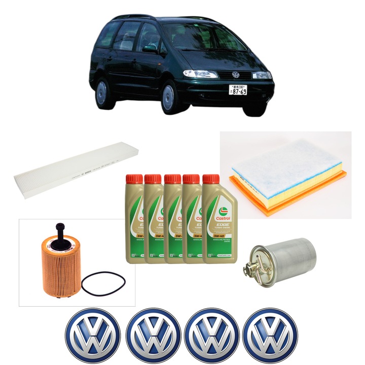 Pachet filtre revizie Bosch, 5 litrii ulei Castrol 5W40 Volkswagen SHARAN VAN (7M_) 1.9 TDI (7M9) din 2002-2003, 4x Stickere auto cu Volkswagen