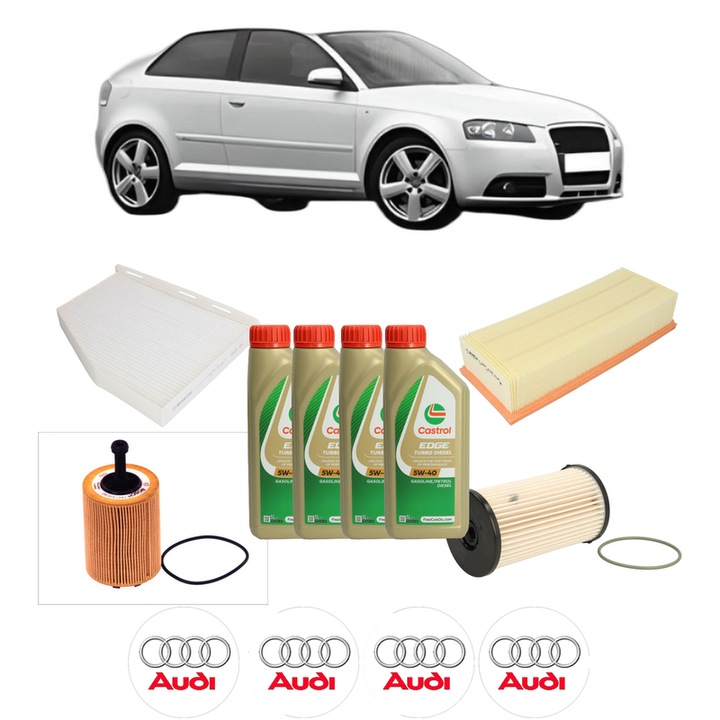 Pachet filtre revizie Bosch, 4 litrii ulei Castrol 5W40 AUDI A3 (8P1) 2.0 TDI quattro din 2003-2008, 4x Stickere auto cu AUDI
