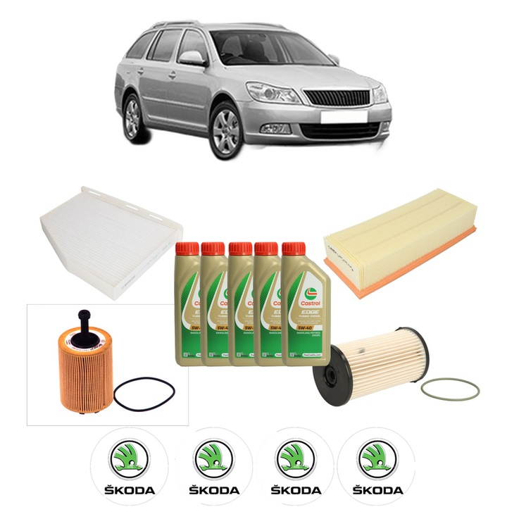 Pachet filtre revizie Bosch, 5 litrii ulei Castrol 5W40 SKODA OCTAVIA II Combi (1Z5) 1.9 TDI 4x4 din 2004-2010, 4x Stickere auto cu SKODA