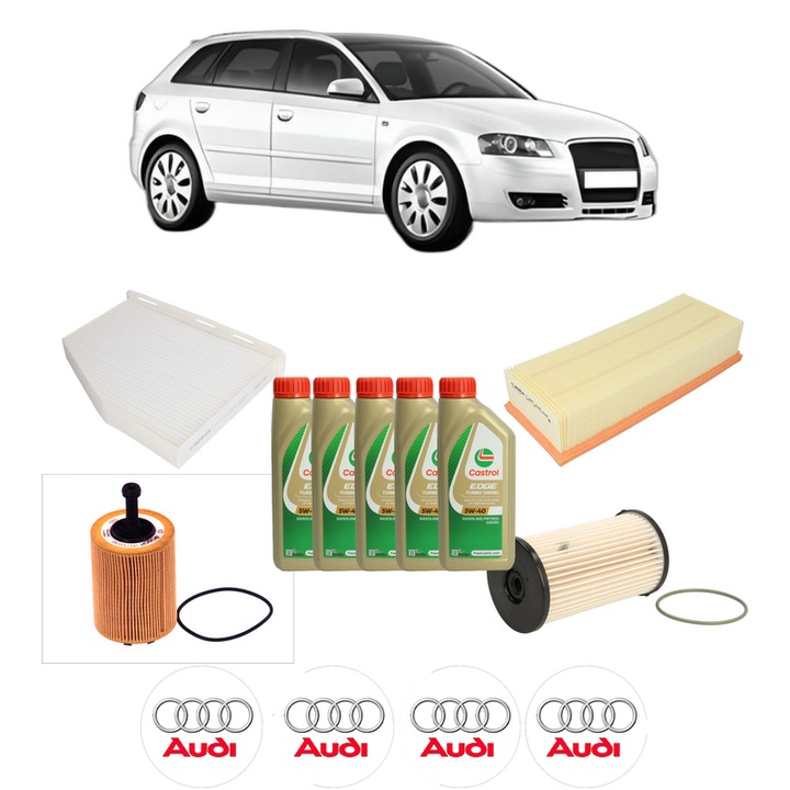 Pachet filtre revizie Bosch, 5 litrii ulei Castrol 5W40 AUDI A3 Sportback (8PA) 1.9 TDI din 2004-2010, 4x Stickere auto cu AUDI
