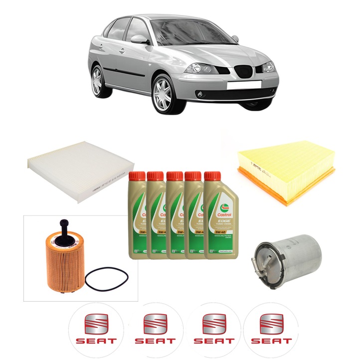Pachet filtre revizie Bosch, 5 litrii ulei Castrol 5W40 SEAT CORDOBA (6L2) 1.4 TDI din 2005-2009, 4x Stickere auto cu SEAT