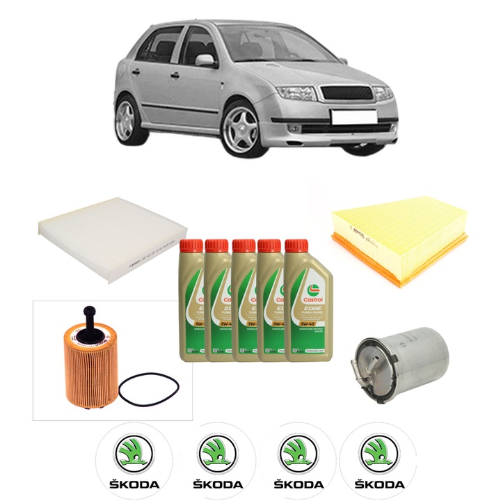 Pachet filtre revizie Bosch, 5 litrii ulei Castrol 5W40 SKODA FABIA I (6Y2) 1.4 TDI din 2005-2008, 4x Stickere auto cu SKODA