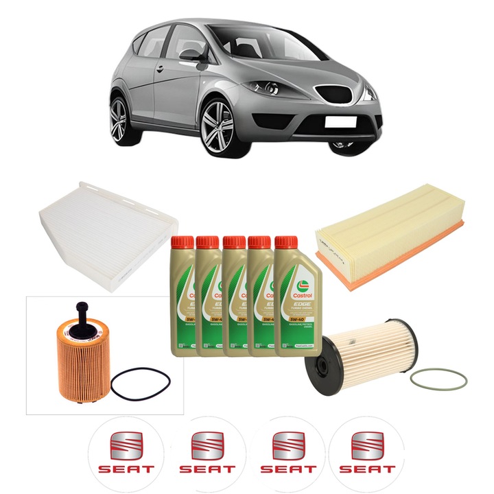 Pachet filtre revizie Bosch, 5 litri ulei Castrol 5W40 SEAT ALTEA (5P1) 1.9 TDI din 2004-2010, 4x Stickere auto cu SEAT
