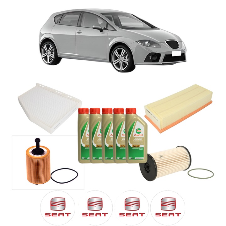 Pachet filtre revizie Bosch, 5 litrii ulei Castrol 5W40 SEAT LEON (1P1) 1.9 TDI din 2005-2010, 4x Stickere auto cu SEAT