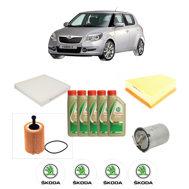 Pachet filtre revizie Bosch, 5 litrii ulei Castrol 5W40 SKODA FABIA II (542) 1.4 TDI din 2007-2010, 4x Stickere auto cu SKODA