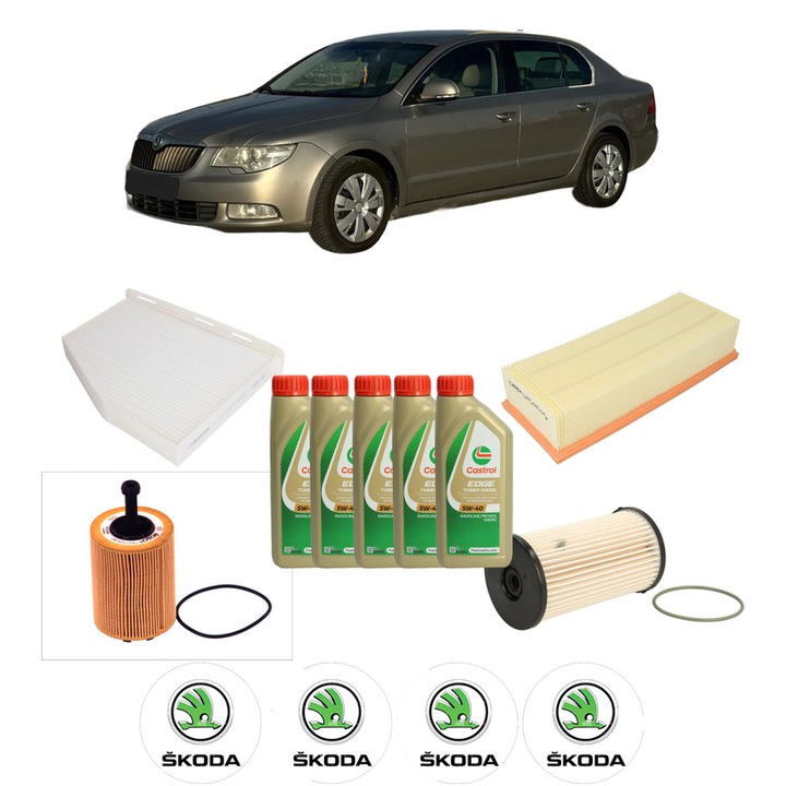 Pachet filtre revizie Bosch, 5 litrii ulei Castrol 5W40 SKODA SUPERB II Estate (3T5) 2.0 TDI 16V din 2009-2015, 4x Stickere auto cu SKODA