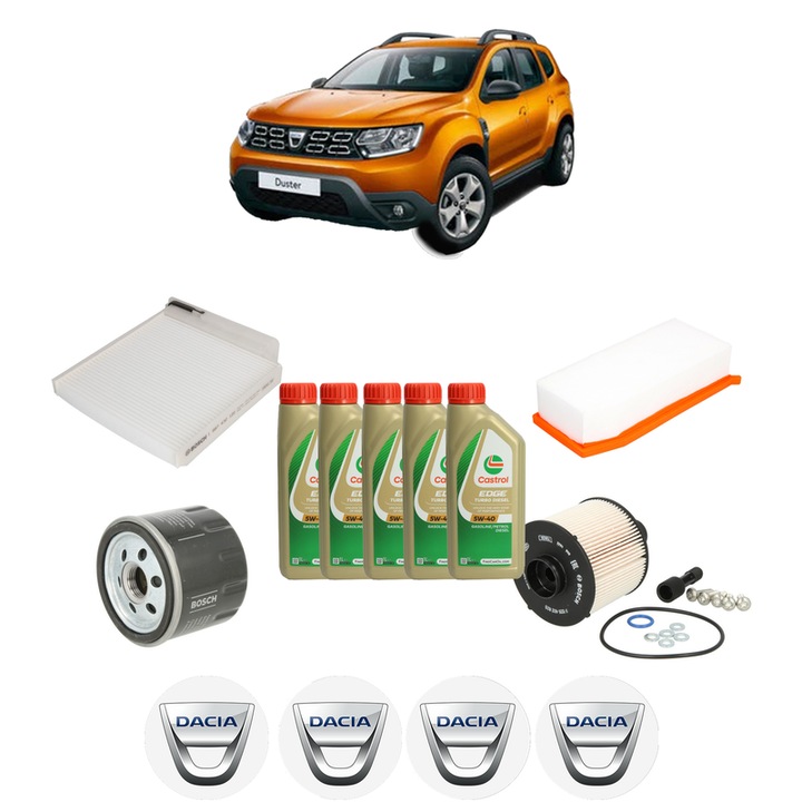 Pachet filtre revizie Bosch, 5 litrii ulei Castrol 5W40 DACIA DUSTER SUV Van 1.5 dCi 4x4 din 2013, 4x Stickere auto cu DACIA