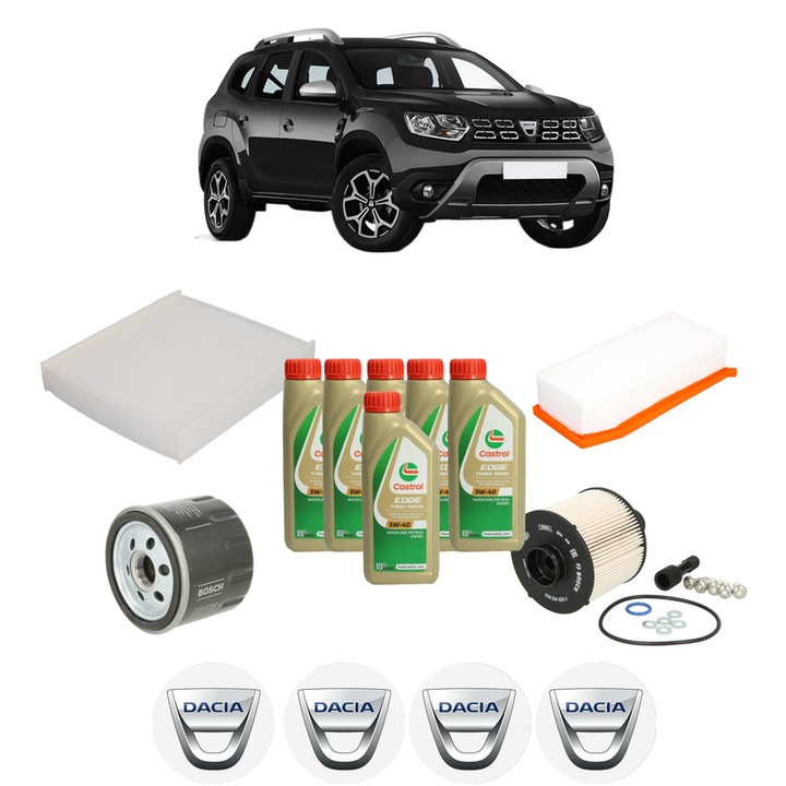 Pachet filtre revizie Bosch, 6 litrii ulei Castrol 5W40 DACIA DUSTER (HM_) 1.5 dCi 90 (HMAA) din 2017, 4x Stickere auto cu DACIA