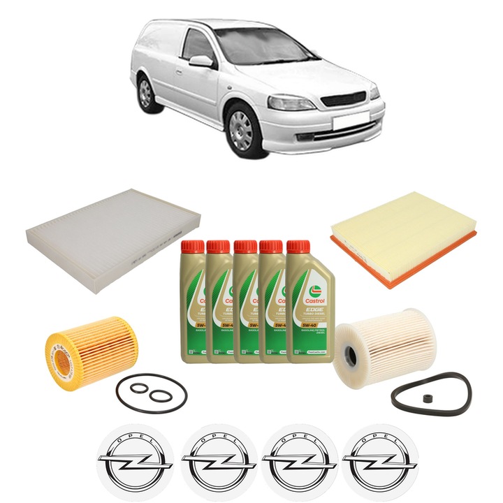 Pachet filtre revizie Bosch, 5 litrii ulei Castrol 5W40 OPEL ASTRA G Estate Van (F70) 1.7 DTI 16V (F70) din 2000-2005, 4x Stickere auto cu OPEL