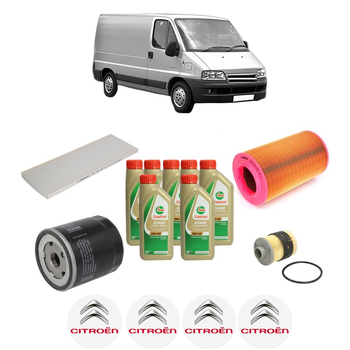 Pachet filtre revizie Bosch, 7 litrii ulei Castrol 5W40 CITROEN JUMPER I Van (244) 2.0 HDi din 2002-2006, 4x Stickere auto cu CITROEN