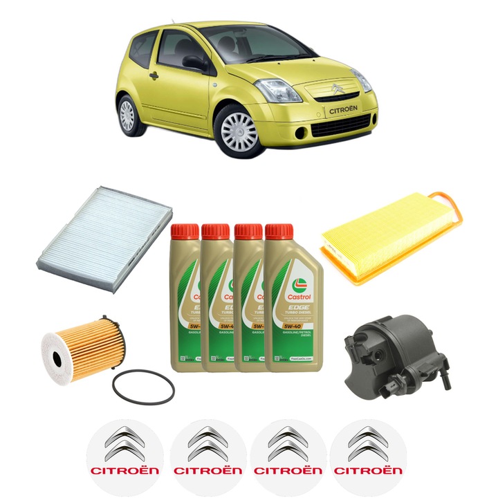 Pachet filtre revizie Bosch, 4 litrii ulei Castrol 5W40 CITROEN C2 ENTERPRISE (JG_) 1.4 HDi din 2006-2009, 4x Stickere auto cu CITROEN