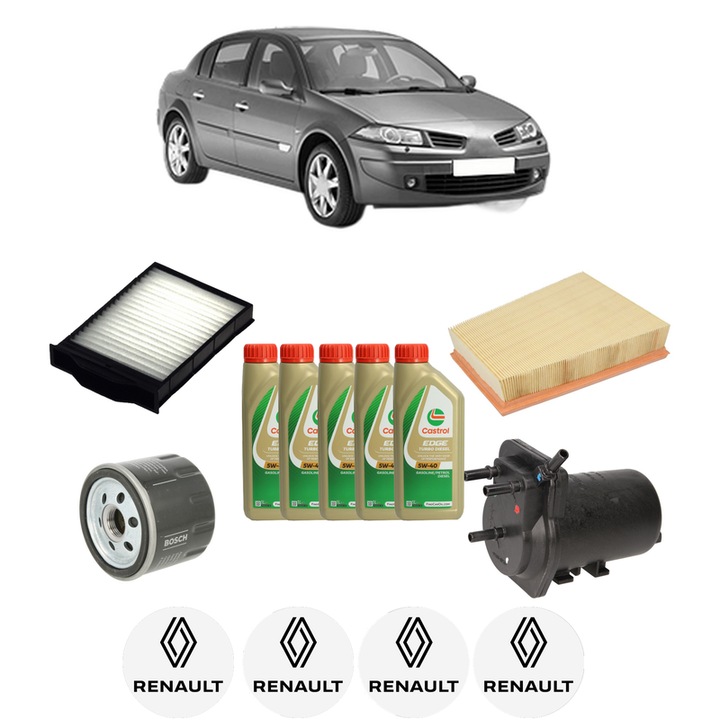 Pachet filtre revizie Bosch, 5 litrii ulei Castrol 5W40 RENAULT MEGANE II Saloon (LM0/1_) 1.5 dCi (LM02, LM13, LM2A) din 2004-2010, 4x Stickere auto cu RENAULT
