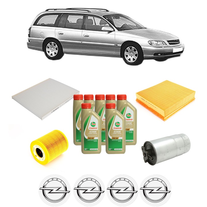 Pachet filtre revizie Bosch, 7 litrii ulei Castrol 5W40 OPEL OMEGA B Estate (V94) 2.5 DTI (F35, M35, P35) din 2001-2003, 4x Stickere auto cu OPEL