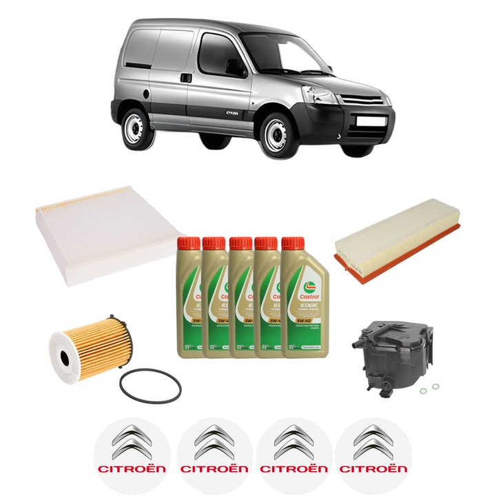Pachet filtre revizie Bosch, 5 litrii ulei Castrol 5W40 CITROEN BERLINGO / BERLINGO FIRST Box Body/MPV (M_) 1.6 HDI 90 (MB9HX, MC9HX) din 2005-2011, 4x Stickere auto cu CITROEN