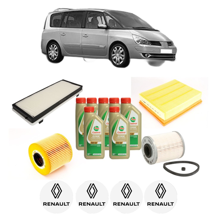 Pachet filtre revizie Bosch, 7 litrii ulei Castrol 5W40 RENAULT ESPACE IV (JK0/1_) 2.2 dCi (JK0H) din 2002-2006, 4x Stickere auto cu RENAULT
