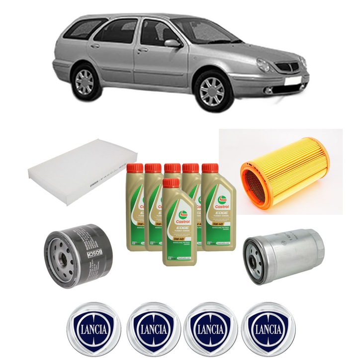 Pachet filtre revizie Bosch, 6 litrii ulei Castrol 5W40 LANCIA LYBRA SW (839_) 2.4 JTD (839BXL1A) din 2000-2005, 4x Stickere auto cu LANCIA