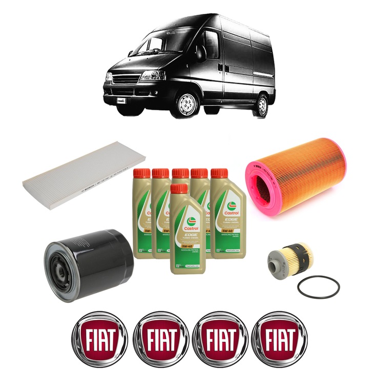Pachet filtre revizie Bosch, 6 litrii ulei Castrol 5W40 FIAT DUCATO Van (244_) 2.8 JTD 4x4 din 2001-2006, 4x Stickere auto cu FIAT