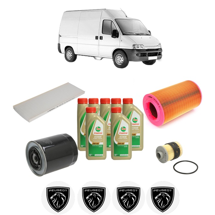 Pachet filtre revizie Bosch, 7 litrii ulei Castrol 5W40 PEUGEOT BOXER Van (244) 2.8 HDi din 2004-2006, 4x Stickere auto cu PEUGEOT