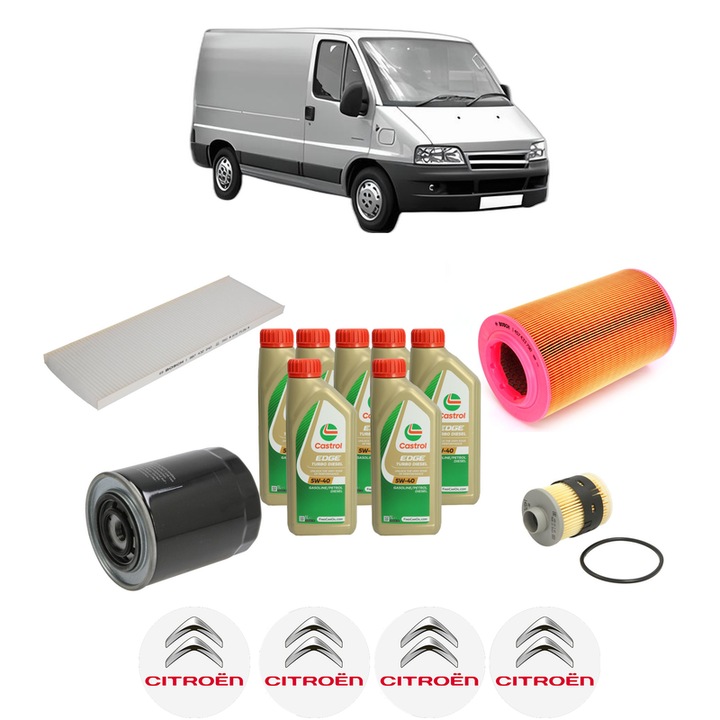 Pachet filtre revizie Bosch, 7 litrii ulei Castrol 5W40 CITROEN JUMPER I Van (244) 2.8 HDi 4x4 din 2002-2006, 4x Stickere auto cu CITROEN