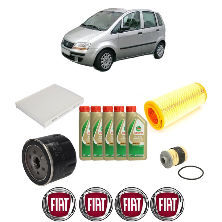 Pachet filtre revizie Bosch, 5 litrii ulei Castrol 5W40 FIAT IDEA Van (350_) MJTD (350BXD1A) din 2004-2010, 4x Stickere auto cu FIAT