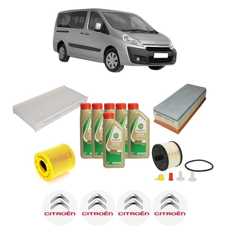 Pachet filtre revizie Bosch, 6 litrii ulei Castrol 5W40 CITROEN JUMPY II (VF7) 2.0 HDi 120 din 2007-2016, 4x Stickere auto cu CITROEN