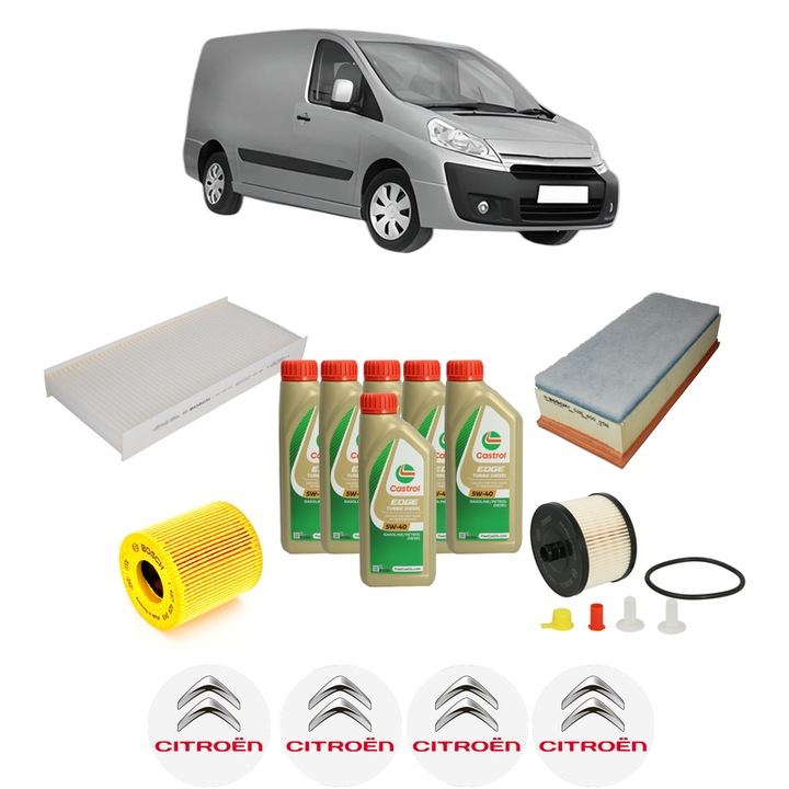 Pachet filtre revizie Bosch, 6 litrii ulei Castrol 5W40 CITROEN JUMPY II Van 2.0 HDi 120 din 2007-2016, 4x Stickere auto cu CITROEN