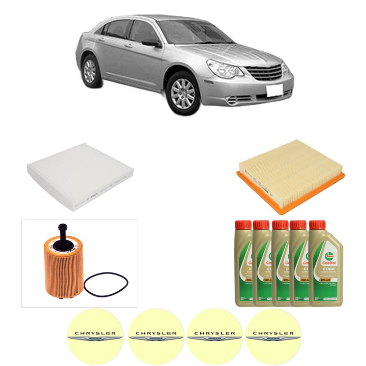 Pachet filtre revizie Bosch, 5 litrii ulei Castrol 5W40 CHRYSLER SEBRING (JS) 2.0 CRD din 2007-2010, 4x Stickere auto cu CHRYSLER