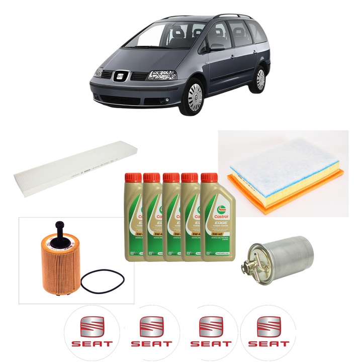 Pachet filtre revizie Bosch, 5 litri ulei Castrol 5W40 SEAT ALHAMBRA (7V8, 7V9) 1.9 TDI din 2002-2008, 4x Stickere auto cu SEAT