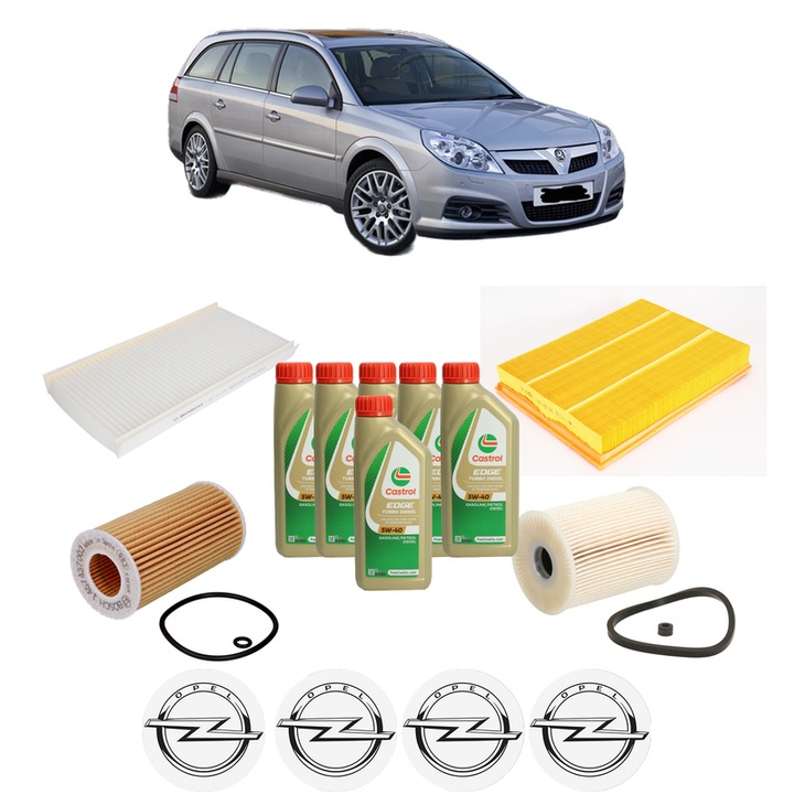 Pachet filtre revizie Bosch, 6 litrii ulei Castrol 5W40 OPEL VECTRA C Estate (Z02) 2.0 DTI (F35) din 2003-2005, 4x Stickere auto cu OPEL