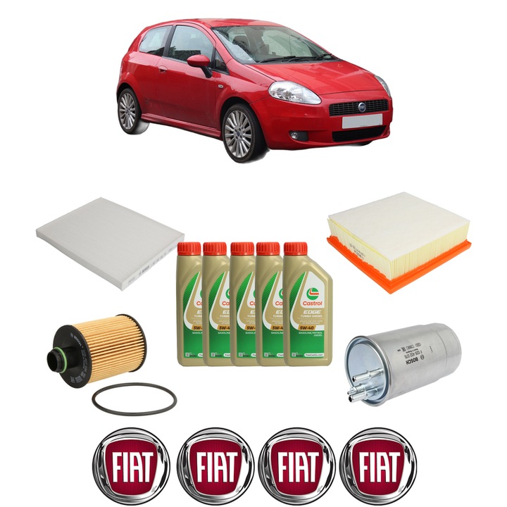 Pachet filtre revizie Bosch, 5 litrii ulei Castrol 5W40 FIAT GRANDE PUNTO (199_) 1.9 D Multijet din 2005, 4x Stickere auto cu FIAT