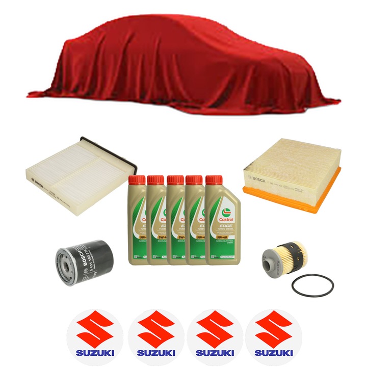 Pachet filtre revizie Bosch, 5 litrii ulei Castrol 5W40 SUZUKI SX4 (EY, GY) 1.9 DDiS 4x4 (RW419D) din 2006, 4x Stickere auto cu SUZUKI