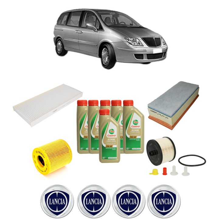 Pachet filtre revizie Bosch, 6 litrii ulei Castrol 5W40 LANCIA PHEDRA (179_) 2.0 JTD (179.AXH1B, 179.BXH1B) din 2006-2010, 4x Stickere auto cu LANCIA