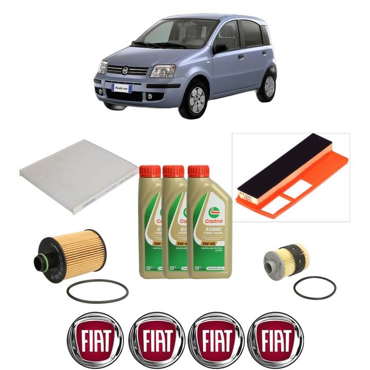 Pachet filtre revizie Bosch, 3 litrii ulei Castrol 5W40 FIAT PANDA (169_) 1.3 D Multijet (169AXG1A, 169AXD1A) din 2006-2013, 4x Stickere auto cu FIAT