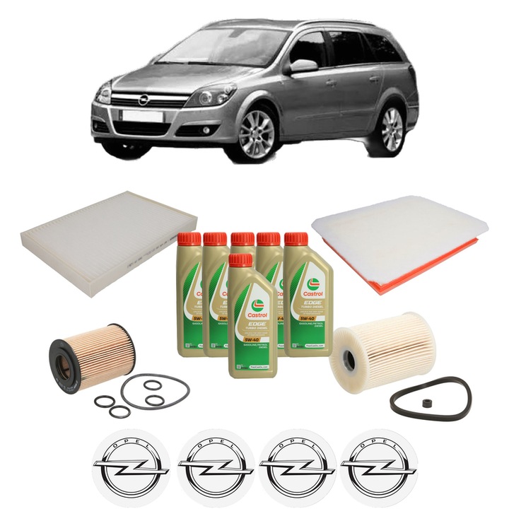 Pachet filtre revizie Bosch, 6 litrii ulei Castrol 5W40 OPEL ASTRA H Estate (A04) 1.7 CDTI (L35) din 2007-2014, 4x Stickere auto cu OPEL