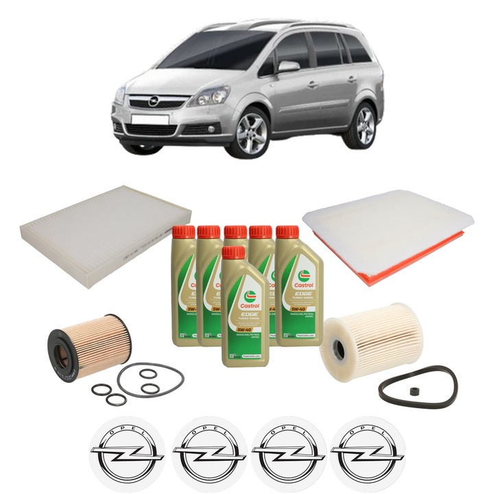 Pachet filtre revizie Bosch, 6 litrii ulei Castrol 5W40 OPEL ZAFIRA / ZAFIRA FAMILY B (A05) 1.7 CDTI (M75) din 2008-2015, 4x Stickere auto cu OPEL