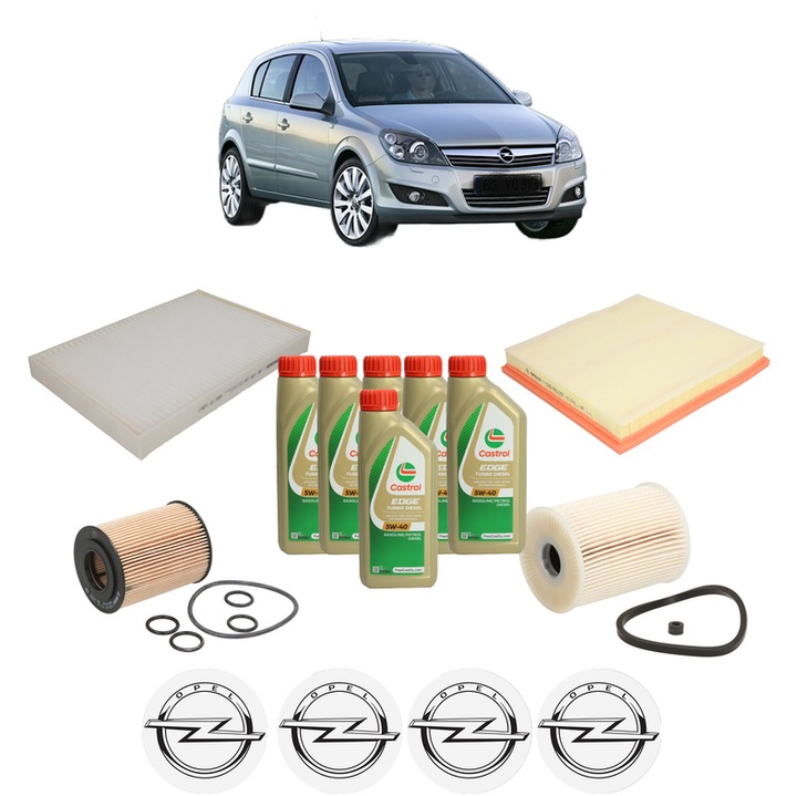 Pachet filtre revizie Bosch, 6 litri ulei Castrol 5W40 OPEL ASTRA H CLASSIC Hatchback (A04) 1.7 CDTI (L48) din 2009, 4x Stickere auto cu OPEL