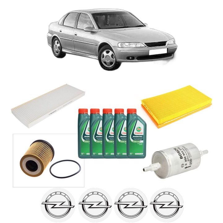 Pachet filtre revizie Bosch, 5 litrii ulei Castrol 10W40 OPEL VECTRA B (J96) 1.8 i 16V (F19) din 2000-2002, 4x Stickere auto cu OPEL