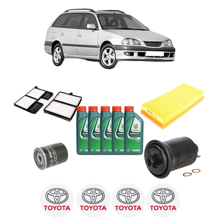Pachet filtre revizie Bosch, 5 litrii ulei Castrol 10W40 TOYOTA AVENSIS Estate (_T22_) 2.0 VVT-i (AZT220_, AZT220R) din 2000-2003, 4x Stickere auto cu TOYOTA