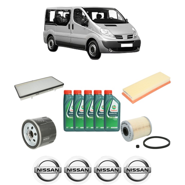Pachet filtre revizie Bosch, 5 litrii ulei Castrol 10W40 NISSAN PRIMASTAR Bus (X83) dCi 100 din 2001, 4x Stickere auto cu NISSAN