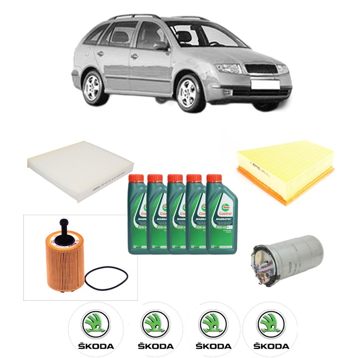 Pachet filtre revizie Bosch, 5 litrii ulei Castrol 10W40 SKODA FABIA I Combi (6Y5) 1.9 SDI din 2000-2007, 4x Stickere auto cu SKODA