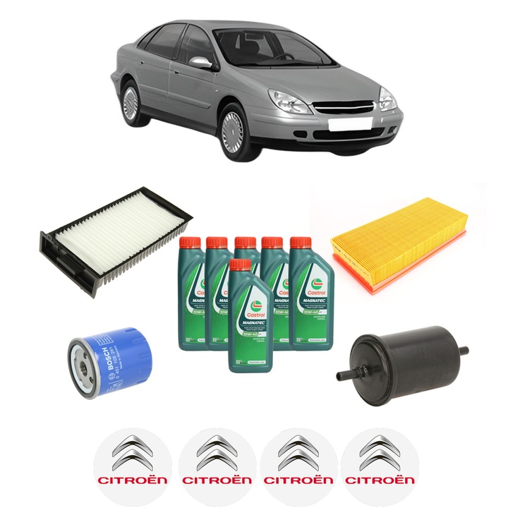 Pachet filtre revizie Bosch, 6 litrii ulei Castrol 10W40 CITROEN C5 I (DC_) 3.0 V6 (DCXFXC, DCXFXF) din 2001-2004, 4x Stickere auto cu CITROEN