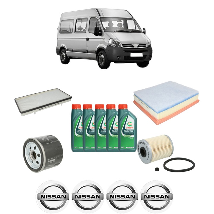 Pachet filtre revizie Bosch, 5 litrii ulei Castrol 10W40 NISSAN INTERSTAR Van (X70) dCi 80 din 2002-2006, 4x Stickere auto cu NISSAN