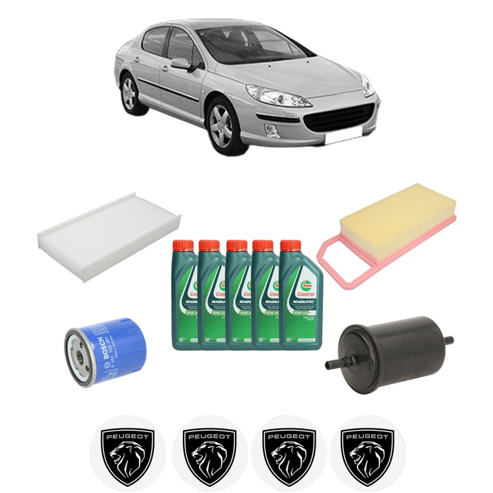 Pachet filtre revizie Bosch, 5 litrii ulei Castrol 10W40 PEUGEOT 407 (6D_) 3.0 (6DXFVJ) din 2004-2010, 4x Stickere auto cu PEUGEOT