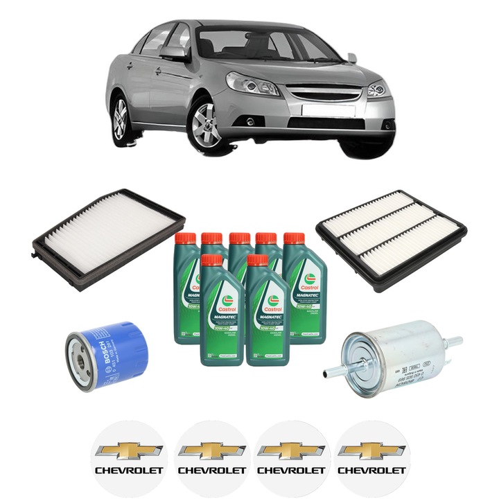 Pachet filtre revizie Bosch, 7 litrii ulei Castrol 10W40 CHEVROLET EPICA (KL1_) 2.5 din 2006-2011, 4x Stickere auto cu CHEVROLET