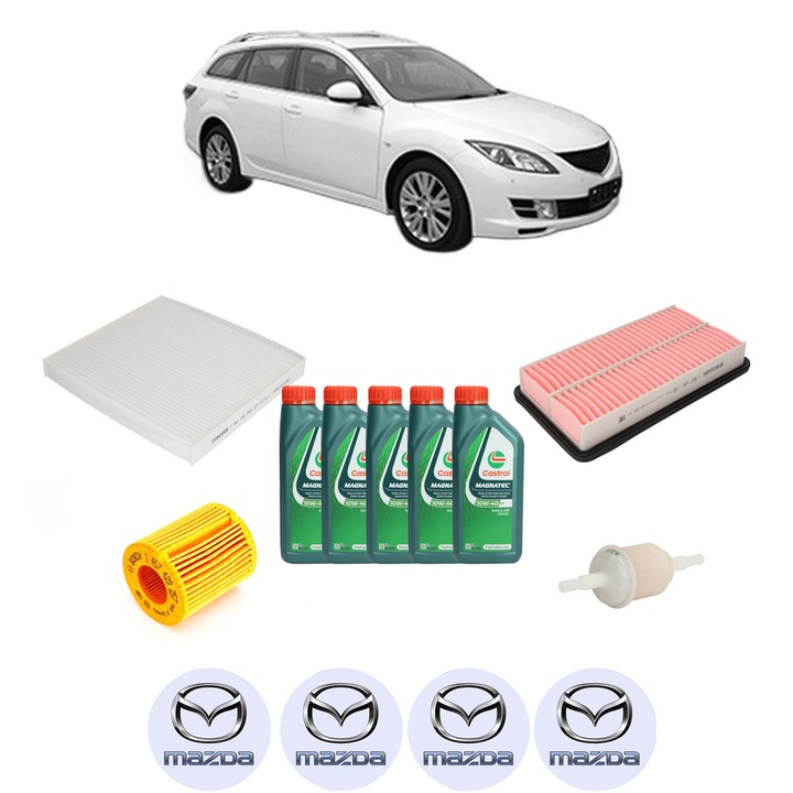 Pachet filtre revizie Bosch, 5 litrii ulei Castrol 10W40 MAZDA 6 Estate (GH) 1.8 MZR din 2008-2013, 4x Stickere auto cu MAZDA
