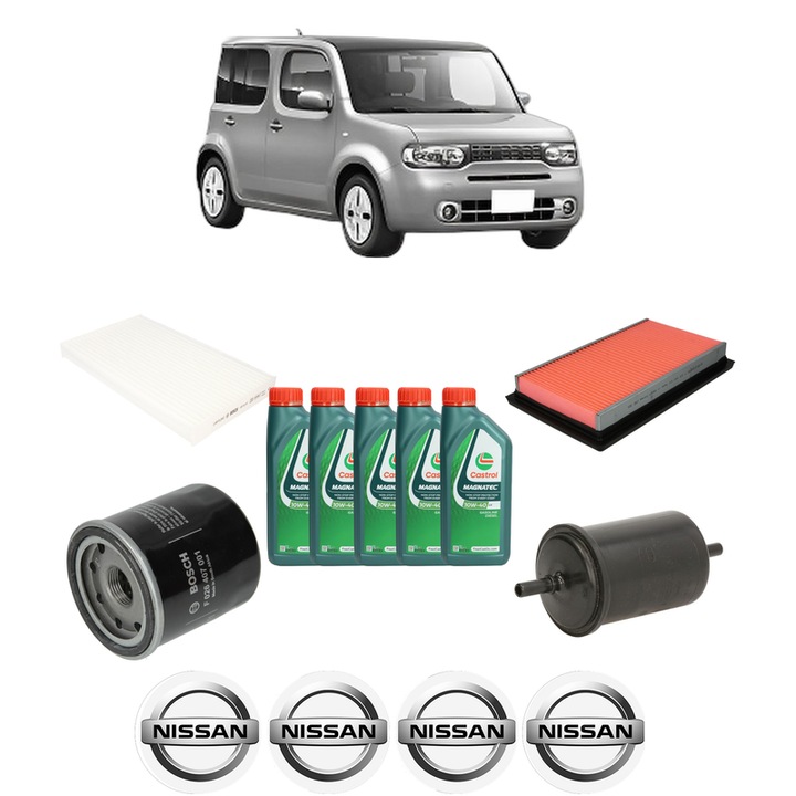 Pachet filtre revizie Bosch, 5 litrii ulei Castrol 10W40 NISSAN CUBE (Z12) 1.6 16V din 2009, 4x Stickere auto cu NISSAN