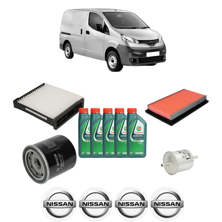 Pachet filtre revizie Bosch, 5 litrii ulei Castrol 10W40 NISSAN NV200 Van 1.6 16V (VM20, M20N, M20, M20L, M20M) din 2010, 4x Stickere auto cu NISSAN